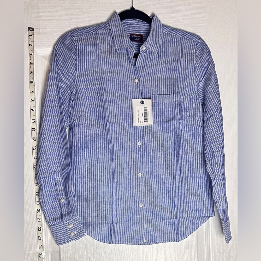 UNTUCKit Women's Blue Linen Striped Button Down Shirt, Size 10 and 0